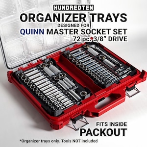 May include: Red organizer trays designed for a Quinn Master Socket Set, 72 pieces, 3/8" drive. The trays fit inside a Packout case. The case is open, revealing the organized sockets.