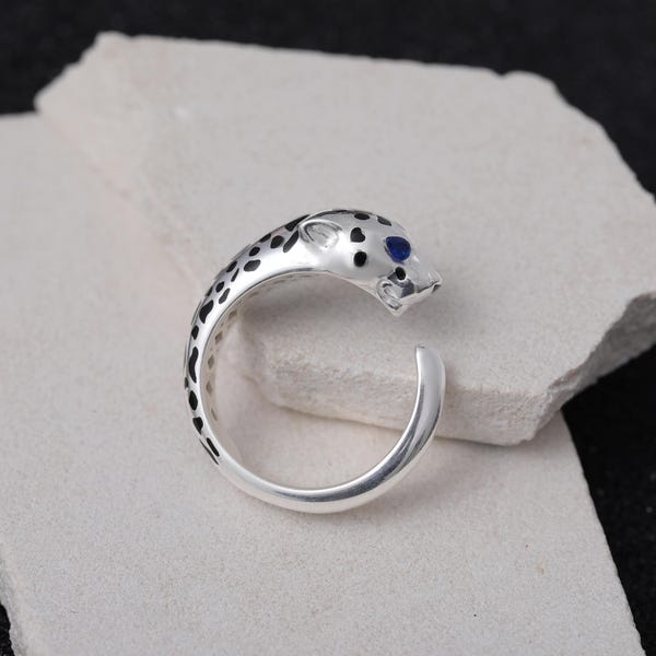 Sterling Silver Panther Ring, Blue Zircon Eyes, Adjustable Statement Jewelry