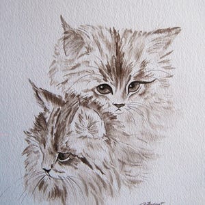 May include: A sepia-toned watercolor painting of two fluffy cats. The cats are depicted in a realistic style, with detailed fur and expressive eyes. The artwork is signed in the bottom right corner.