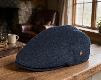 Wool Tweed Herringbone Irish Flat Cap | Newsboy Cabbie Driver Hat | Vintage Golf Ivy Beret for Men & Women
