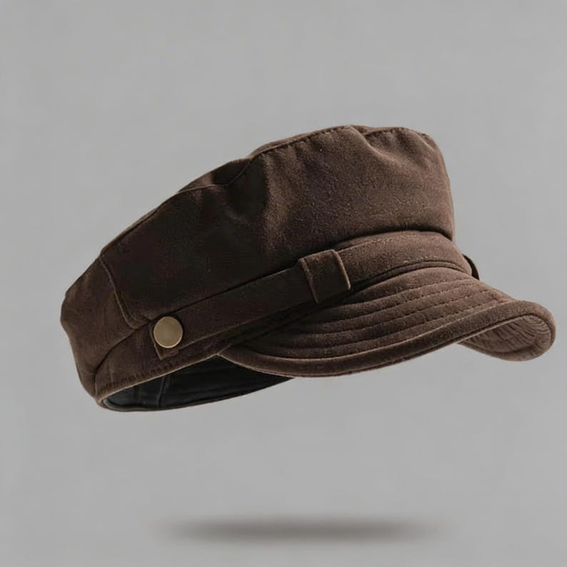 Puede incluir: Gorra marr&oacute;n estilo newsboy con una visera corta y una correa decorativa asegurada por un bot&oacute;n dorado. La gorra tiene una corona estructurada y un forro interior oscuro. El sombrero est&aacute; hecho de un material suave y texturizado.