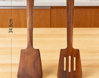 Spatule de cuisine en bois massif de 34 cm, manche long, retourneur de sauté antiadhésif, pelle à œufs au plat, ustensile de cuisine
