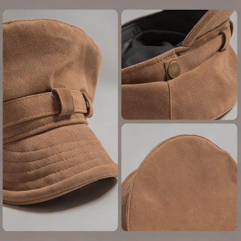 Puede incluir: Gorra estilo newsboy de color marr&oacute;n con una visera estructurada y una correa decorativa con hebilla. La gorra est&aacute; hecha de un material suave similar al ante y presenta un bot&oacute;n en el lateral. Tiene un estilo cl&aacute;sico y vintage.