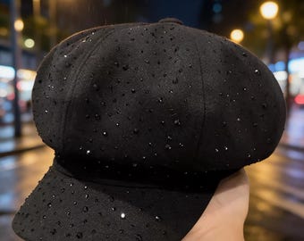 Korean Style Beret Hat Diamond Octagonal Cap British Duckbill Newsboy Hat Wool Artist Hat Winter Beret Women Rhinestone Cap Trendy