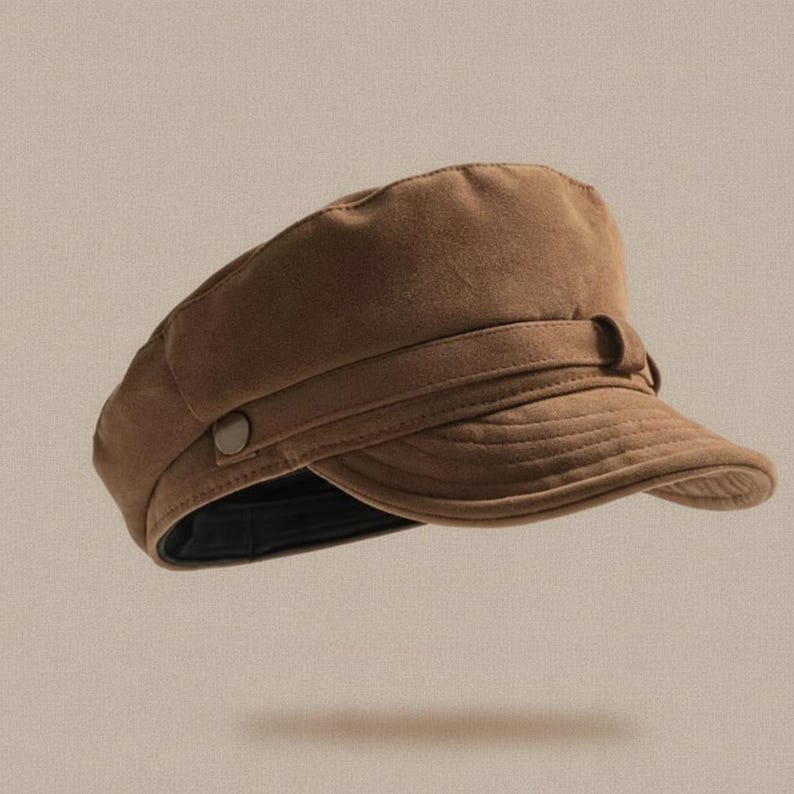 Puede incluir: Gorra de estilo marinero marr&oacute;n con un dise&ntilde;o estructurado. La gorra presenta una visera corta y curvada y una banda con cierre de bot&oacute;n. El sombrero est&aacute; hecho de un material suave y texturizado.