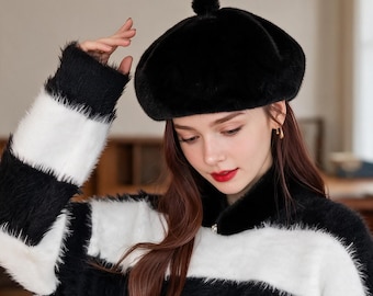 Plush Beret Women Fleece Lined Winter Hat Painter Style Cap Vintage Retro Beret Thick Warm Elastic Cap Cold Weather Outdoor Hat