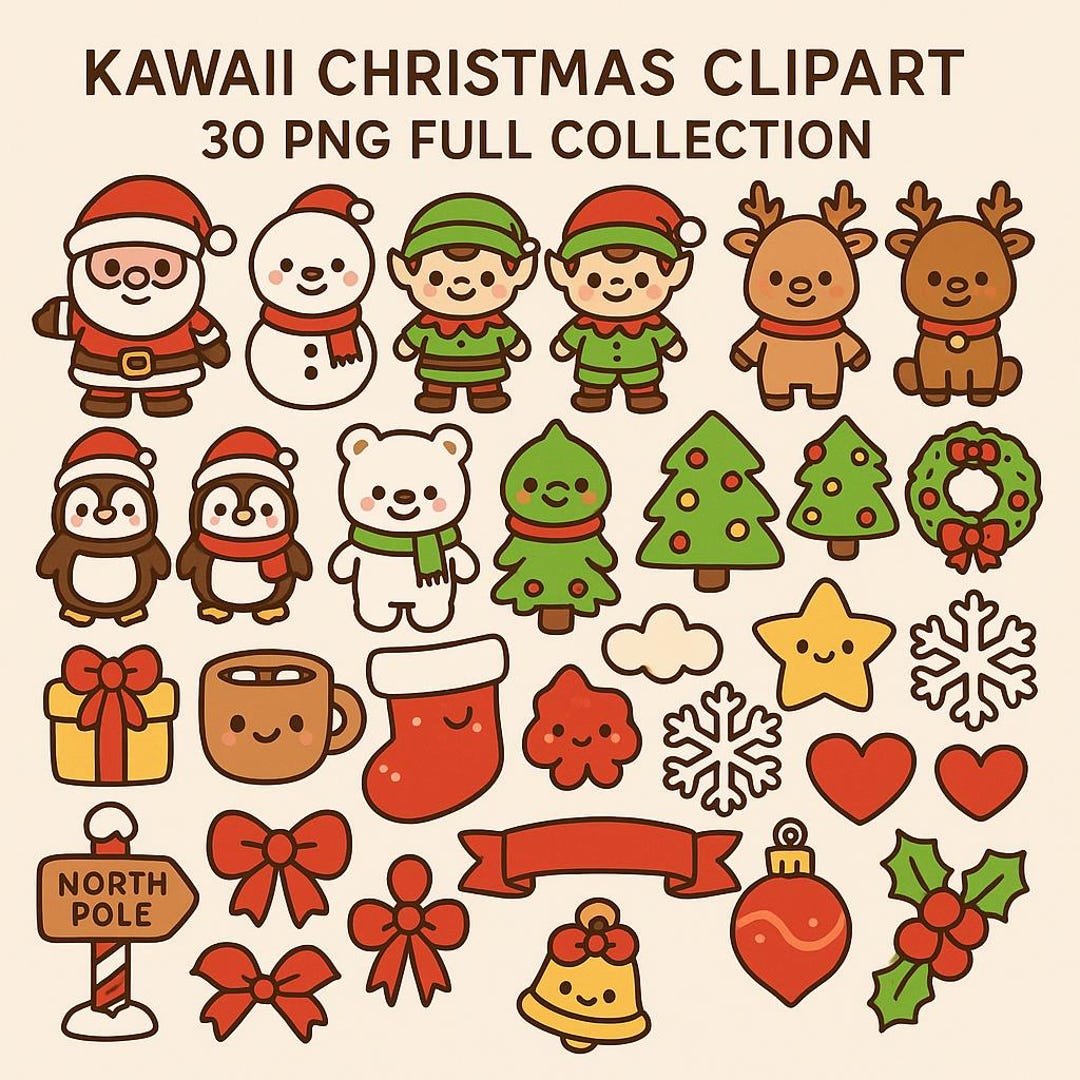 Kawaii Christmas Clipart | 30 PNG Bundle | Cute Christmas Characters ...
