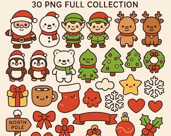 Kawaii jul Clipart | 30 PNG-paket | Söta julfigurer och element | Transparent PNG | Jul Clipart-set | Digital nedladdning
