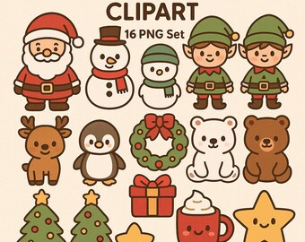 Kawaii Christmas Clipart | Zestaw 16 znaków PNG | Uroczy Święty Mikołaj Elf Bałwan Renifer | Przezroczysty PNG | Naklejki świąteczne