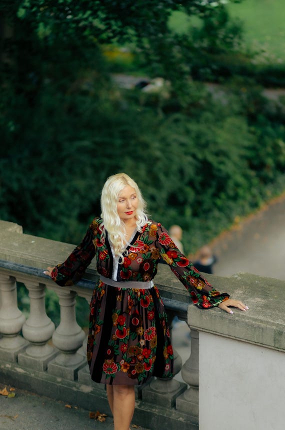 Velvet Bohemian Dress, Floral Print, Long Sleeve, Elegant - Etsy