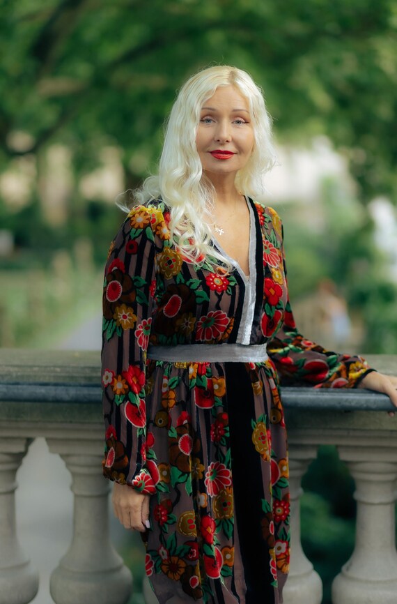 bohemian velvet dress Velvet Bohemian Dress, Floral Print, Long Sleeve, Elegant