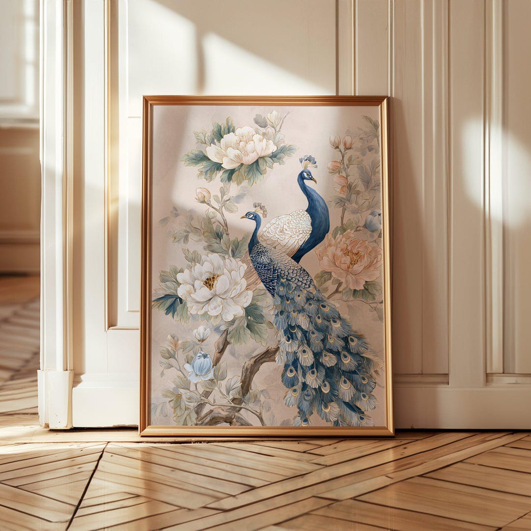 Vintage Floral Peacock Pair Wall Art Elegant Living Room Decor Print ...