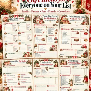 May include: A set of six printed Christmas gift planner sheets featuring festive holiday illustrations, including holly, bows, and pine branches. Each page contains organized sections, checklists, and blank lines for tracking gift ideas for family, partners, pets, friends, and coworkers.