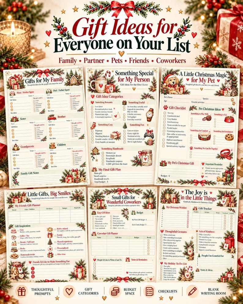 May include: A set of six printed Christmas gift planner sheets featuring festive holiday illustrations, including holly, bows, and pine branches. Each page contains organized sections, checklists, and blank lines for tracking gift ideas for family, partners, pets, friends, and coworkers.