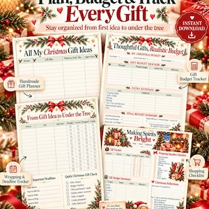 May include: A set of printable Christmas gift planning sheets featuring festive red and green holiday borders. The pages include trackers for gift ideas, budgets, shopping lists, and deadlines with text such as Plan, Budget & Track Every Gift.