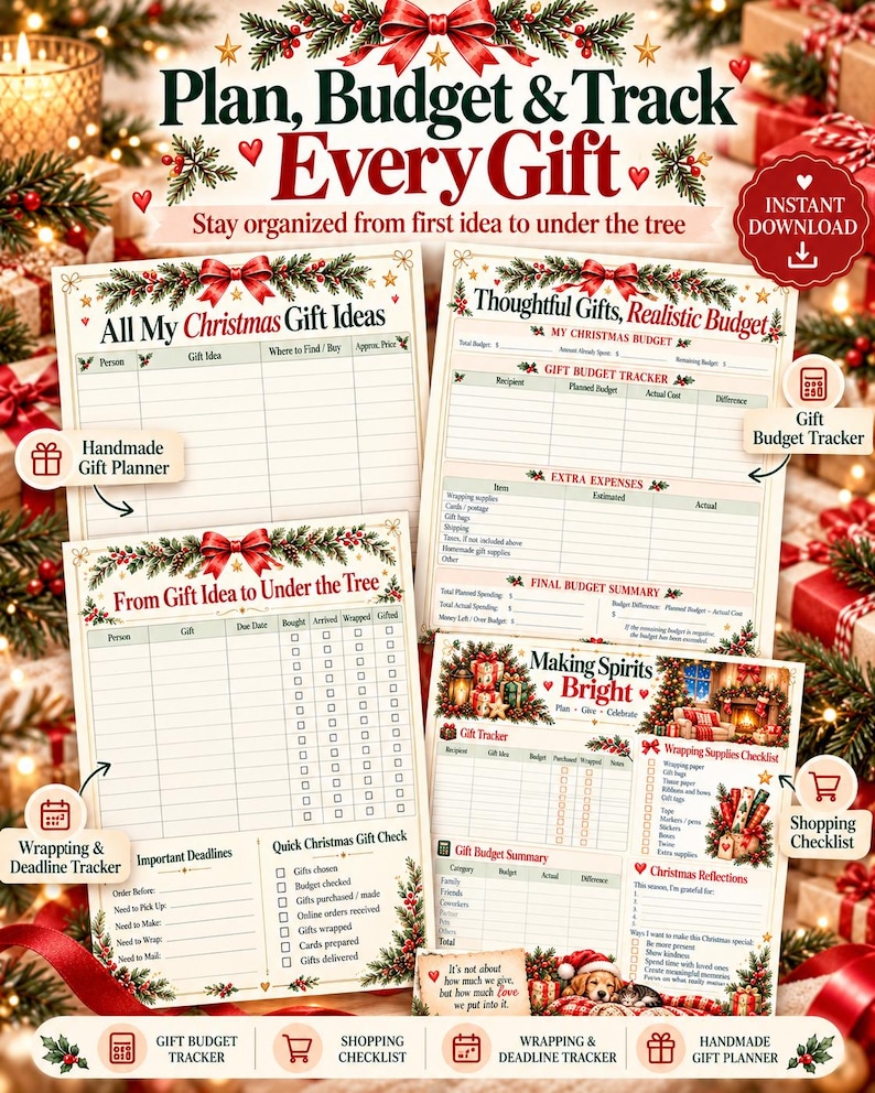 May include: A set of printable Christmas gift planning sheets featuring festive red and green holiday borders. The pages include trackers for gift ideas, budgets, shopping lists, and deadlines with text such as Plan, Budget & Track Every Gift.