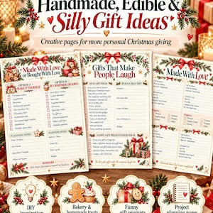 May include: A set of three printed Christmas gift planning sheets featuring the titles Handmade, Edible & Silly Gift Ideas, Gifts That Make People Laugh, and Made With Love, decorated with holly, berries, and red bows on a cream background.