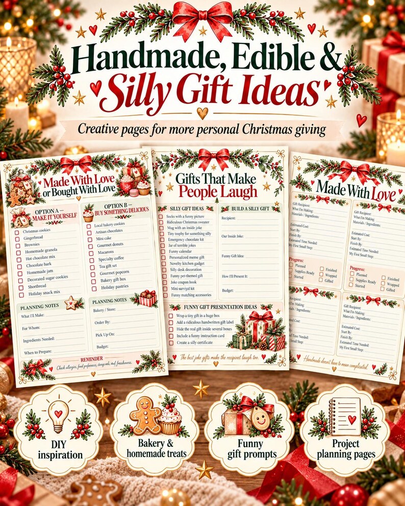 May include: A set of three printed Christmas gift planning sheets featuring the titles Handmade, Edible & Silly Gift Ideas, Gifts That Make People Laugh, and Made With Love, decorated with holly, berries, and red bows on a cream background.
