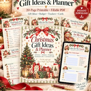 May include: A 20-page printable and fillable PDF Christmas gift planner featuring festive illustrations of a decorated tree, wrapped presents, and a gingerbread man. The document includes sections for gift ideas, budgets, trackers, and cards.