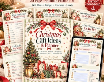 May include: A 20-page printable and fillable PDF Christmas gift planner featuring festive illustrations of a decorated tree, wrapped presents, and a gingerbread man. The document includes sections for gift ideas, budgets, trackers, and cards.