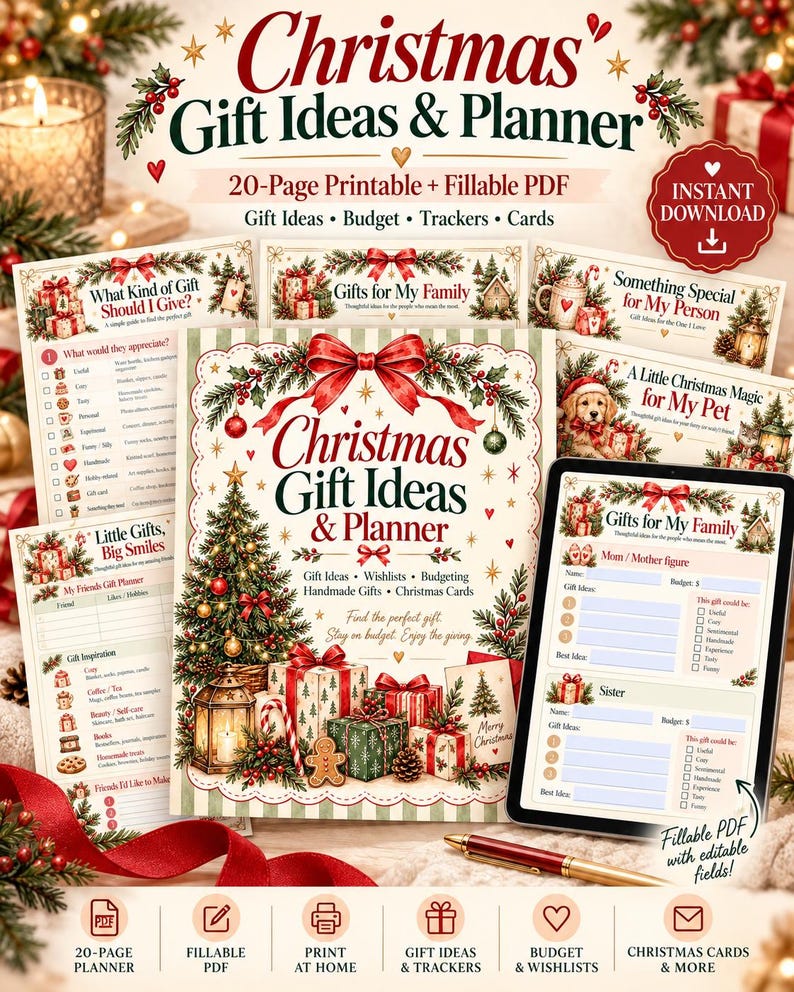 May include: A 20-page printable and fillable PDF Christmas gift planner featuring festive illustrations of a decorated tree, wrapped presents, and a gingerbread man. The document includes sections for gift ideas, budgets, trackers, and cards.