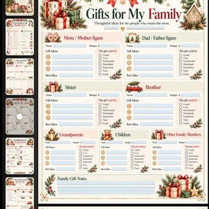 May include: A Christmas gift planner page titled Gifts for My Family with sections for family members, including fields for names, budgets, gift ideas, and checkboxes for gift categories, decorated with festive illustrations of presents and greenery.
