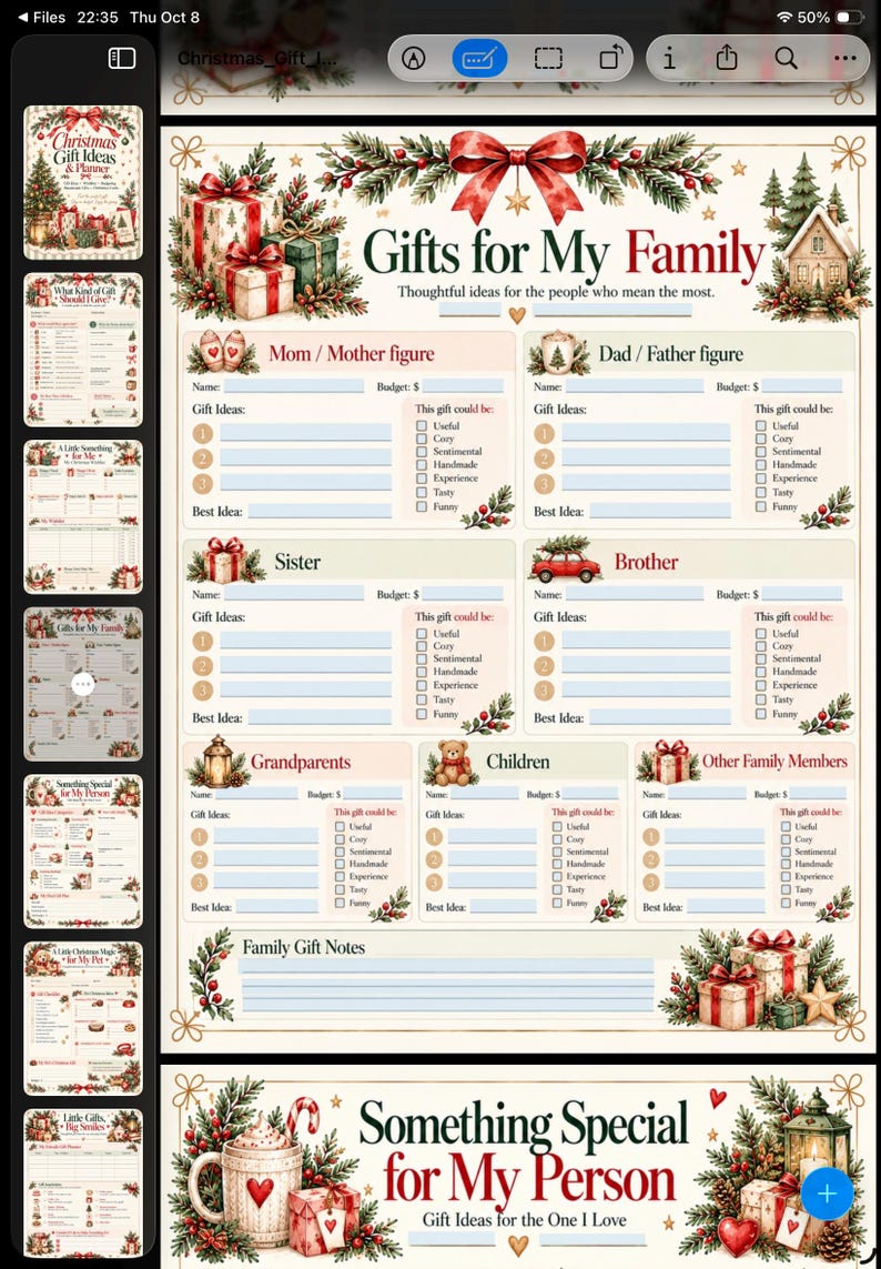 May include: A Christmas gift planner page titled Gifts for My Family with sections for family members, including fields for names, budgets, gift ideas, and checkboxes for gift categories, decorated with festive illustrations of presents and greenery.