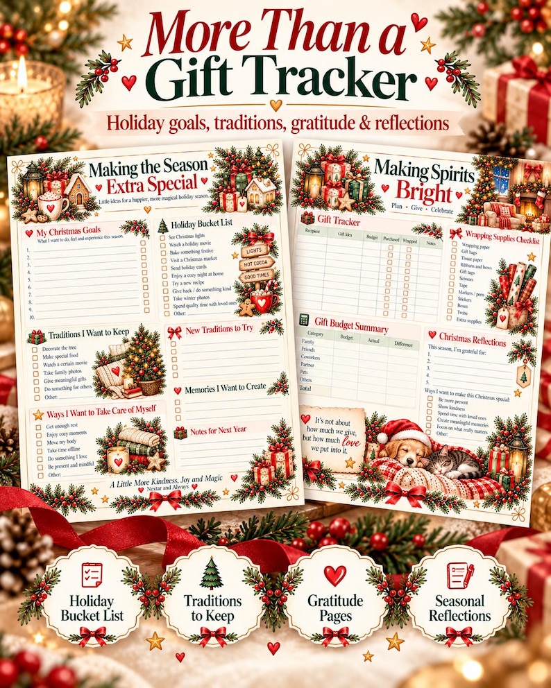 May include: Two printed holiday planner sheets titled More Than a Gift Tracker, Making the Season Extra Special, and Making Spirits Bright. The pages feature Christmas-themed illustrations, checklists for gift tracking, traditions, and reflections.