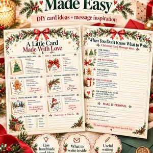 May include: Two instructional sheets titled Christmas Cards Made Easy featuring DIY card ideas, supply checklists, and message inspiration for family, partners, friends, and colleagues, decorated with red bows and green evergreen branches.