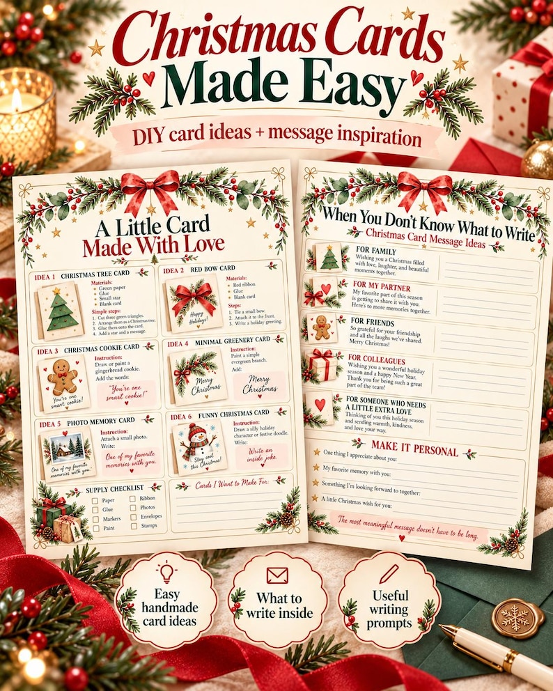 May include: Two instructional sheets titled Christmas Cards Made Easy featuring DIY card ideas, supply checklists, and message inspiration for family, partners, friends, and colleagues, decorated with red bows and green evergreen branches.