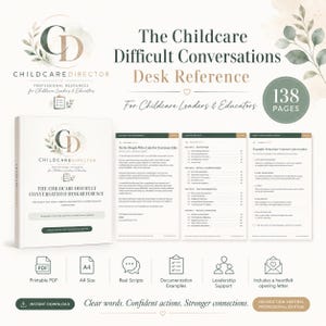 Könnte beinhalten: Ein 138-seitiges Nachschlagewerk für schwierige Gespräche in der Kinderbetreuung für Führungskräfte und Pädagogen. Das Set enthält ein Buch, ein Vorwort, ein Inhaltsverzeichnis und Beispiele. Inklusive druckbarem PDF, A4-Format, Skripten und Dokumentationshilfen.
