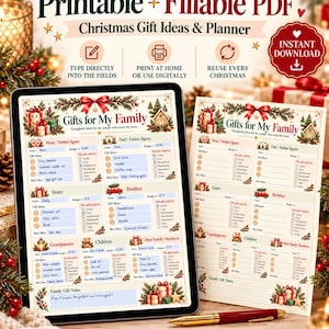 May include: A printable and fillable PDF Christmas gift planner featuring sections for family members, gift ideas, and budgets. The document includes festive illustrations of presents, pine branches, and a red car, with text reading Gifts for My Family and Instant Download.