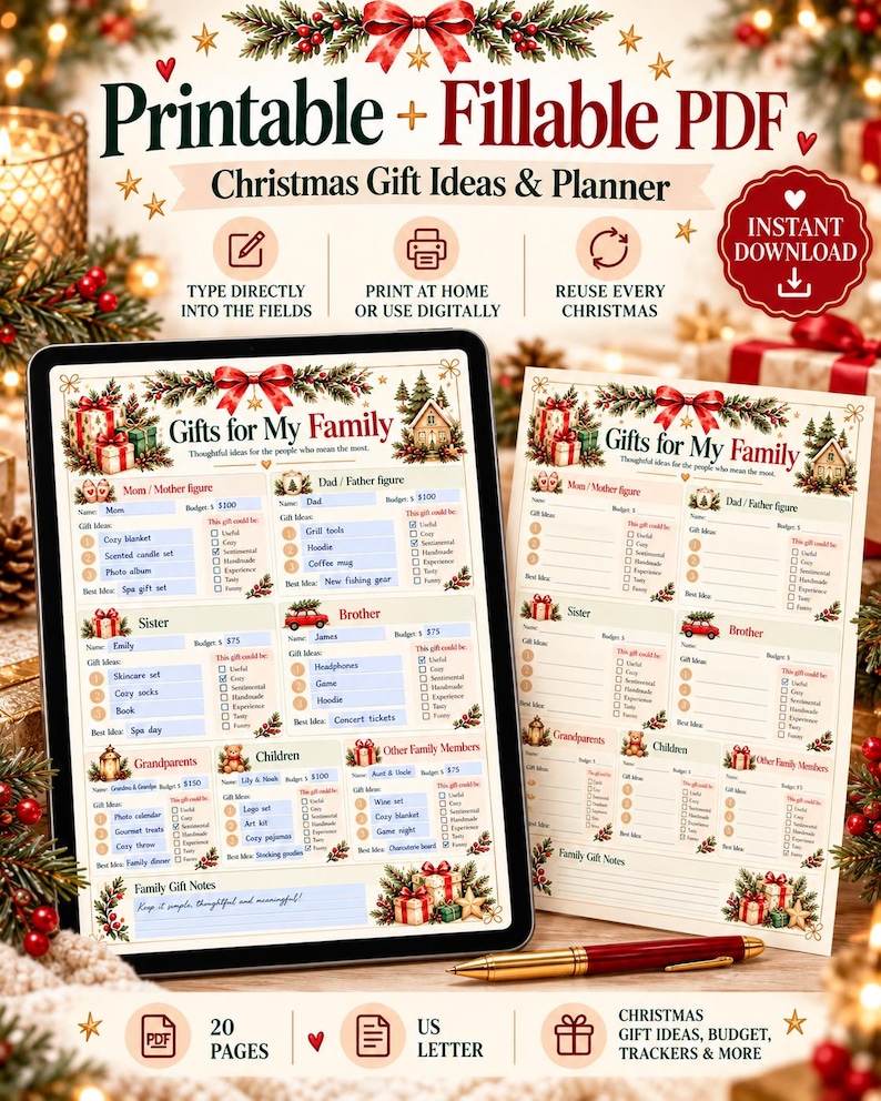 May include: A printable and fillable PDF Christmas gift planner featuring sections for family members, gift ideas, and budgets. The document includes festive illustrations of presents, pine branches, and a red car, with text reading Gifts for My Family and Instant Download.