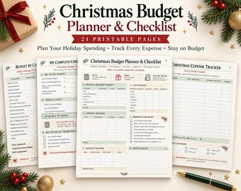 May include: A Christmas Budget Planner and Checklist with 21 printable pages. The documents feature sections for holiday spending, gift budgets, savings, and expense tracking with tables, checkboxes, and headers in black and red text.