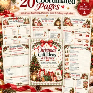 May include: A digital Christmas gift planner set featuring 20 coordinated pages with festive illustrations of trees, gifts, and greenery. The cover reads Christmas Gift Ideas & Planner, with sections for budgeting, gift tracking, and holiday inspiration in 8.5 x 11 inch format.