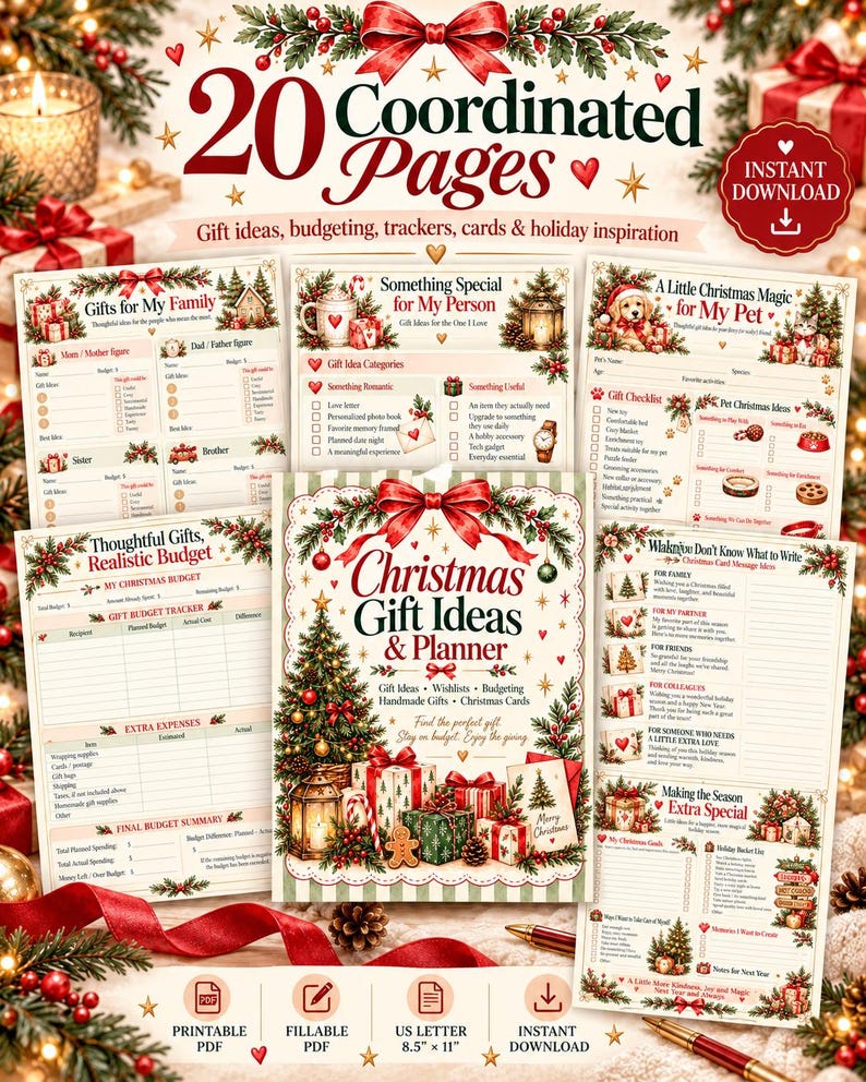 May include: A digital Christmas gift planner set featuring 20 coordinated pages with festive illustrations of trees, gifts, and greenery. The cover reads Christmas Gift Ideas & Planner, with sections for budgeting, gift tracking, and holiday inspiration in 8.5 x 11 inch format.