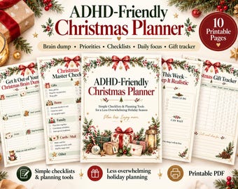 May include: A printable ADHD-Friendly Christmas Planner featuring 10 pages with checklists, gift trackers, and daily focus sections. The cover displays a festive design with red bows, pine branches, and gift boxes, titled ADHD-Friendly Christmas Planner.