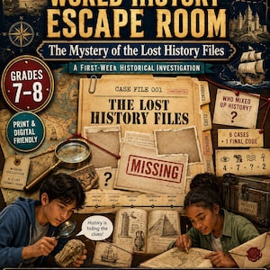 Op de afbeelding: Een educatief spel Back to School World History Escape Room getiteld The Mystery of the Lost History Files. De afbeelding bevat een dossier, historische illustraties, een vergrootglas en twee leerlingen die artefacten en kaarten onderzoeken.