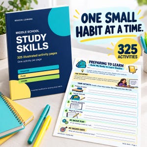 Könnte beinhalten: Ein dunkelblaues Arbeitsheft mit dem Titel Middle School Study Skills mit 325 illustrierten Aktivitätsseiten, neben einem Arbeitsblatt mit dem Titel Preparing to Learn, das eine Routine in vier Schritten und bunte Symbole enthält.