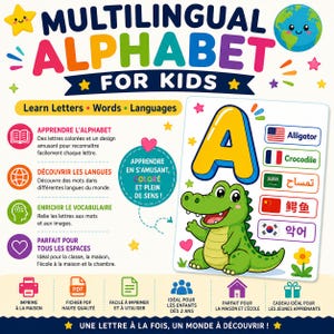 Multilingual Alphabet Poster for Kids, Letter A Alligator Language Learning Printable