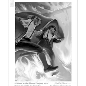 May include: Black and white illustration depicting two figures running through flames, with one figure shielding the other with a large cloak. The image is from the book series "I Survived" and is titled "I Survived the San Francisco Earthquake, 1906."