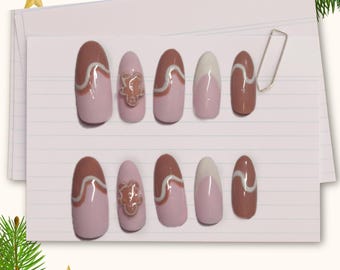 Kerst Gingerbread Man Press On Nails | Handgemaakte 3D Franse bruin-witte set voor de feestdagen