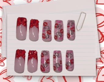 Uñas postizas de San Valentín rojas con lazos y besos, hechas a mano