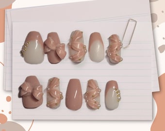 Brown 3D Bow Gems French Press On Nails, Handmade Set, Any Size and Shape