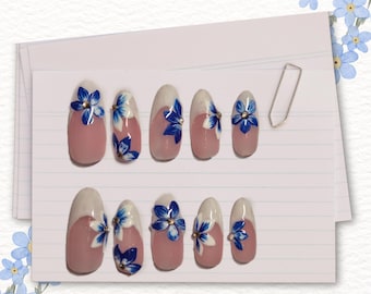 White French press on nails with blue flowers and gems, handmade