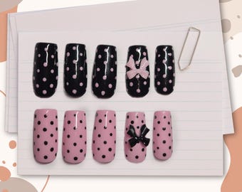 Pink and black polka dots with bows press on nails, handmade, any size/shape