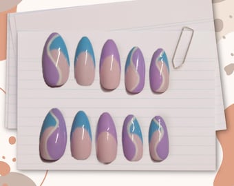 Prensa francesa sobre uñas con remolinos azules y morados, hechas a mano, cualquier tamaño o forma