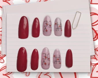 Valentines Press ons, Love Red Nails with Heart Design, Handmade