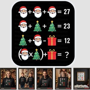 Può includere: Un design digitale con un puzzle matematico a tema natalizio con Babbo Natale, alberi di Natale e scatole regalo. Il design include il testo "HIGH QUALITY" e "DIGITAL DOWNLOAD!" insieme alle icone SVG, PNG, EPS e DXF. Il design è visualizzato su vari prodotti.