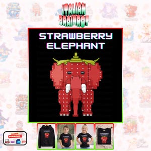Può includere: Grafica digitale di un elefante fragola rosso con la scritta "STRAWBERRY ELEPHANT" su sfondo nero. L'immagine è circondata da un bordo rosso. L'immagine è visualizzata su una varietà di capi d'abbigliamento.